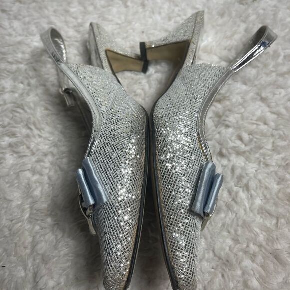 EY Boutique silver glitter &patent silver trim 3”heels satin gray bow accentSZ12 - Picture 11 of 13